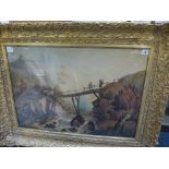 P. Wilkes, an 18th century watercolour of figures on a wooden bridge over a mountain river,
