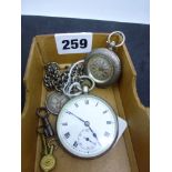 A silver pocket watch in plain case, London import mark for 1919, a silver watch Albert, and a Swiss