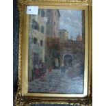 Nino Della Gatta, oils on panel, a back street in an Italian city, signed (23 x 15 cm), gilt