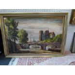 Continental school, oils on canvas, the Ile St Louis with Notre Dame, signed (illegible) (59 x 90