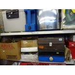 A mixed lot including a quantity of door and window handles, tool boxes and contents mainly screw,