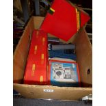 A box of mainly Hornby 00 gauge model railway locomotives, rolling stock, track, signals, control