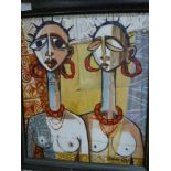 Gloenga Offo, an oils on board portrait of two 'giraffe'-necked women, signed and dated 2000 (54 x