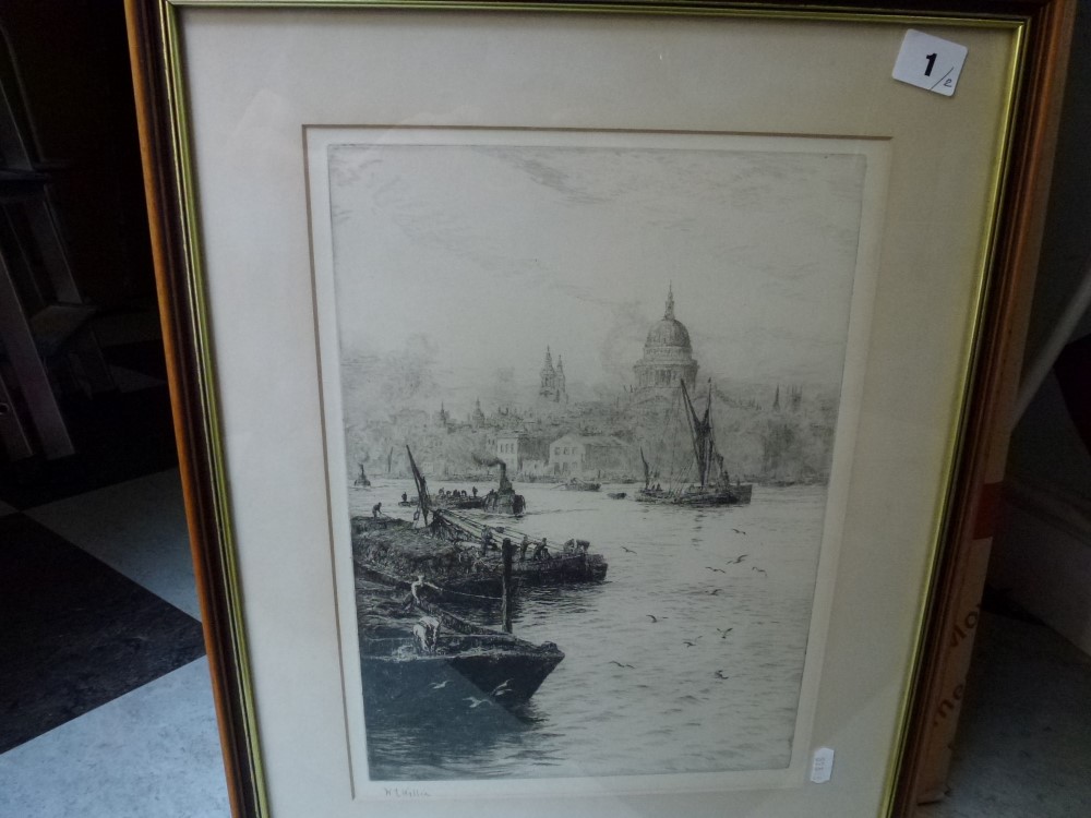 W.L. Wyllie, a pair of etchings of the Thames in London, at St Paul's and at the Tower of London,