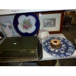 A boxed set of cutlery, a decorative metal tray, a set of coasters, Wedgwood Jasperware plate, a