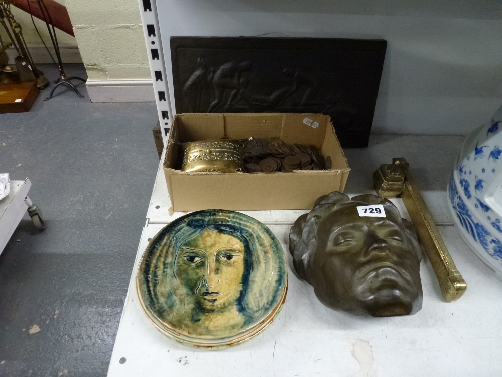 Sundry items, comprising a Spanish Marco Quart Pottery death mask of Beethoven, in a bronzed finish,