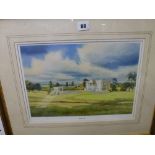 Seven framed items including an Egyptian papyrus picture, a limited edition coloured golfing