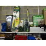 A mixed lot including a Black and Decker strimmer, an aluminium bin, a Sentry safe, a four tier mini