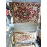 Two similar small, unused Persian silk rugs with traditional overall decoration. [half landing] WE