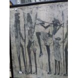 A batik of Masai warriors, and an oils on canvas of a seated model in a studio by Val, signed and