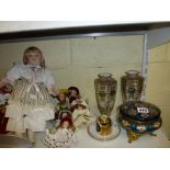 A mixed lot comprising a pair of decorative hexagonal Noritake vases, a blue overlaid glass