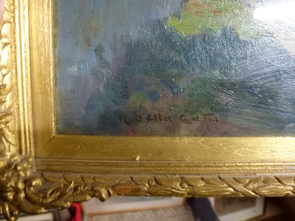 Nino Della Gatta, oils on panel, a sunlit river and towpath, signed (23 x 15 cm), gilt frame. WE - Image 2 of 2