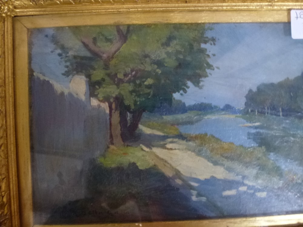 Nino Della Gatta, oils on panel, a sunlit river and towpath, signed (23 x 15 cm), gilt frame. WE