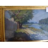 Nino Della Gatta, oils on panel, a sunlit river and towpath, signed (23 x 15 cm), gilt frame. WE