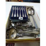 A cased set of six silver pastry forks, Sheffield 1927, 5 ozt; together with a quantity of plated