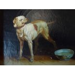 An oils on canvas of a pointer dog with his Delft pottery water bowl (20 x 26 cm). WE DO NOT TAKE