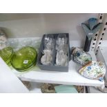 A shelf of ceramics and glass including a pair of Waterford Fiona goblets in original box, a set