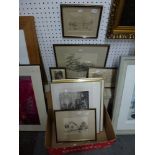 A collection of eight various framed prints, including a drypoint etching, a landscape in