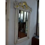 A wooden white painted rectangular mirror with shaped shell top and a teak rectangular wall mirror