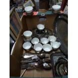 A carton of German silver-plated items, including a serving dish, 10 cups and saucers with porcelain