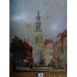 A. de Groote, oils on panel, a busy street with market stalls, figures and children at play,