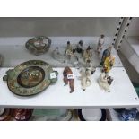 A collection of 10 Chinese stoneware figures, a Chinese carved wood figure, a glass bottle, small