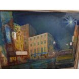 A.E., oil on canvas, A wet evening, Fulham Road signed with initials A.E. and dated 85, together