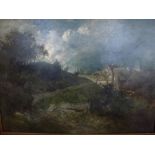 Continental school, 19th century, oils on canvas, stormy skies over an extensive landscape with farm