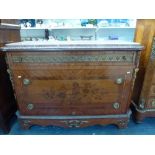 A fine reproduction French commode with a thick marble top above three drawers with floral marquetry