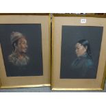 G. Douglas, pastel on black paper, a pair of portraits of Tibetans, signed (each 37 x 27 cm), framed