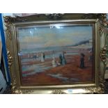 In the manner of Eugene Boudin, oils on canvas, Edwardian figures on a beach (41 x 51 cm), modern