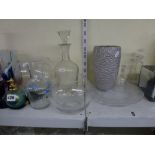 Three shelves of mixed glassware including a pretty set of nine tall wine glasses, plus further