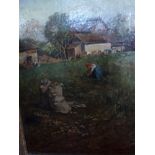 J.U.L. Berger an oils on board Potato pickers signed (36 x 25 cm) and framed. WE DO NOT TAKE