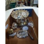 English silver: Victorian sugar bowl, Sheffield 1891; Georgian caddy spoon and Sherry label;
