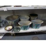 A pair of stoneware jardinières decorated with flowers, a modern wooden milk pail, a white glazed