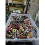 A large plastic crate full of modern costume jewellery WE DO NOT TAKE CREDIT CARDS OR CASH.