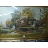 A.W. Williams, a pair of watercolours, Cottage by a river with punts and A farm track with geese,