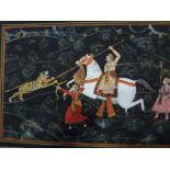 An Indian gouache of a tiger hunt, a lacquered panel of a dancing girl and a framed Indian picture