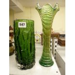 A Whitefriars green glass Bark vase, 9.25 in, and an iridescent green glass vase [H] WE DO NOT