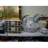 A quantity of decorative vases, a quantity of blue Wedgwood jasperware including a bowl, a pair of