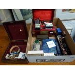 A carton of mixed items including an Oriental satin-lined jewel box and a Tunbridge ware box