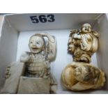 Three Japanese figural netsuke, Meiji period, including one finely carved as Budai carrying a