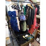 A rail of ladies' fashion including a Luella by Luella Bartley blue sequin flower strapless mini