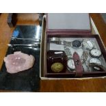 Victorian and later pocket watches and wrist watches, a quartz ashtray, two small marble panels