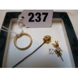 A 22 ct gold wedding ring, 3.6 gm, a stick pin with diamond-set 15 ct gold terminal, and a pair of