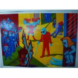 A modern Surrealist coloured print, 'Figures at the crossroad' (58/60), indistinctly signed in