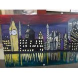 A modern oil on canvas, a stylised view across the Thames to the Houses of Parliament at night (80 x