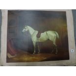 An 18th century style equestrian portrait, oils on canvas, of a racing grey saddled and standing