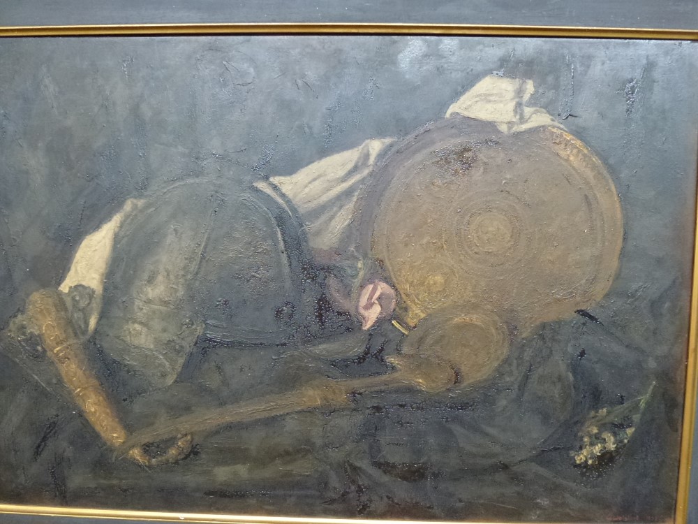 G Weisbort, oils on board, still life of armour, brassware and an Arab knife, signed and dated