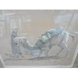 Nicholas Egon, chalk and pastel on toned paper, 'Desert Arab with camel' and 'Camel cow and calf',